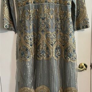 Elegant Gold and Blue Embroidered Wedding Dress